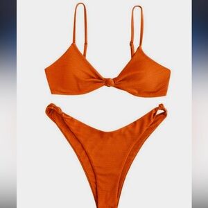 ZAFUL Women's Solid Color Textured Knotted Cheeky Cami Bikini Set Two Piece